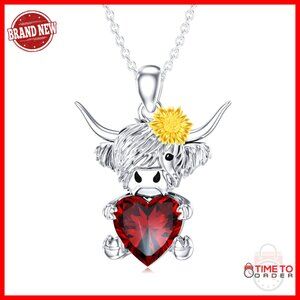 Sterling Silver Highland Cow Pendant Necklace with Birthstone Gift